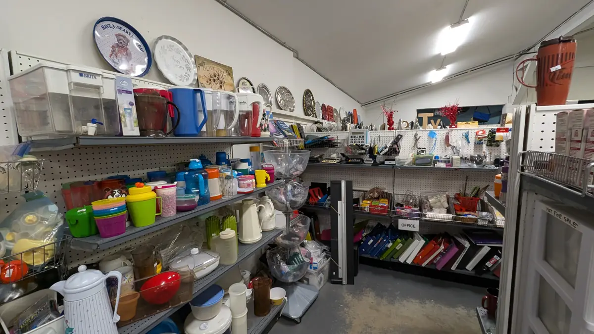 Kitchenware and housewares on the shelves at Gleaners Too